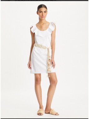 Tory Burch White Cotton Flounce Dress  Ruffled Neckline & Macrame Belt Size 2